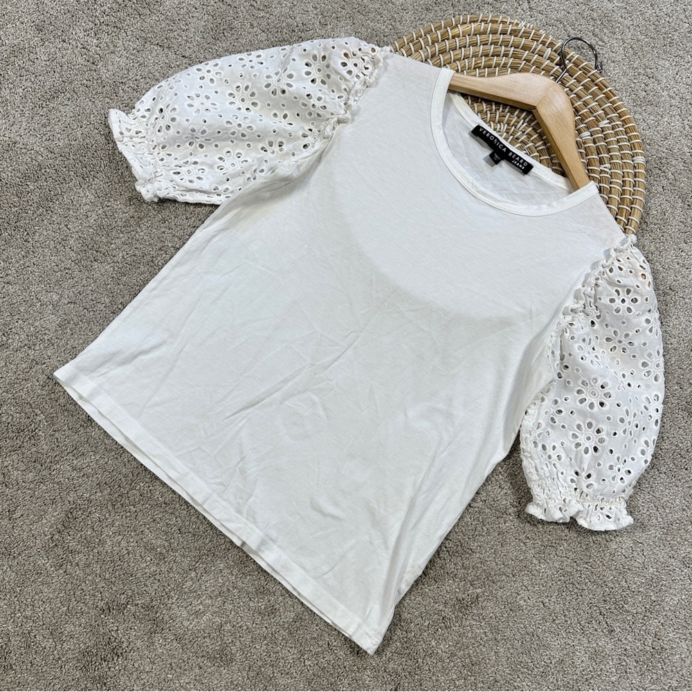 Veronica Beard Jeans Women’s Eyelet Puff Sleeve Top Boho in White Size XS - Picture 1 of 13